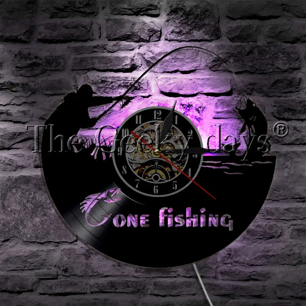 Gone Fishing LED Wall Lamp Fisherman Sign Fish Rod Fish Hook Vinyl Record Wall Clock Fishmen Decorative Lighting