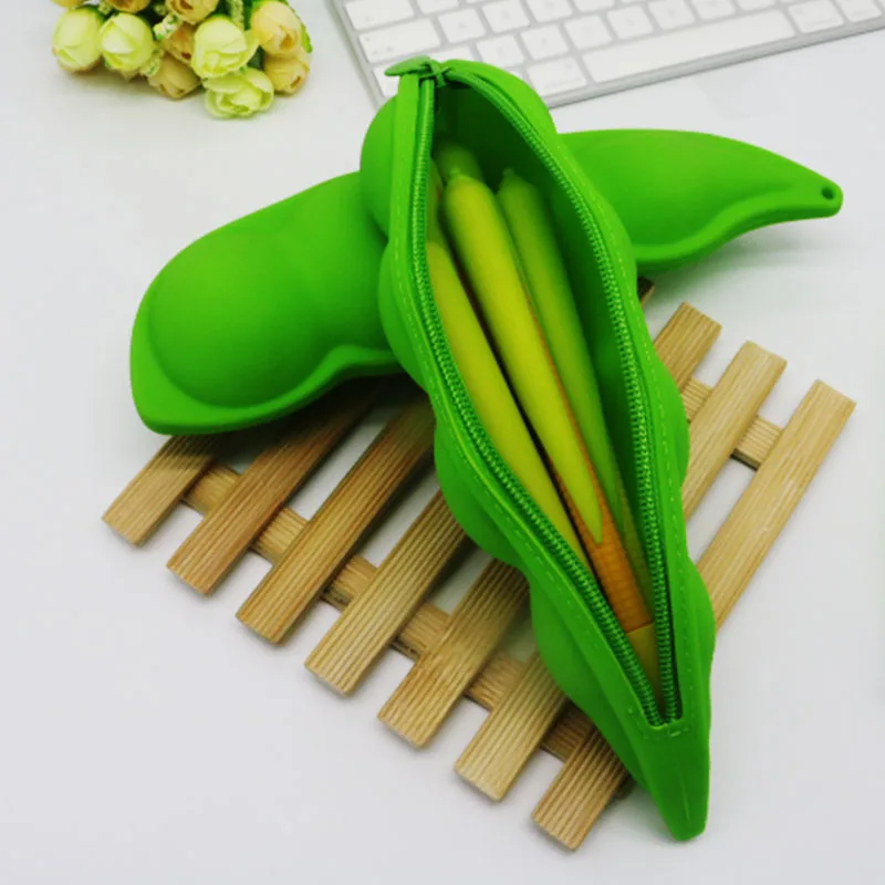 Kawaii Silicone Pencil Bag Pouch Novelty Soft Pea Pencil Case Cute School Stationery Gift For Kids Green Plant Pen Box Supplies