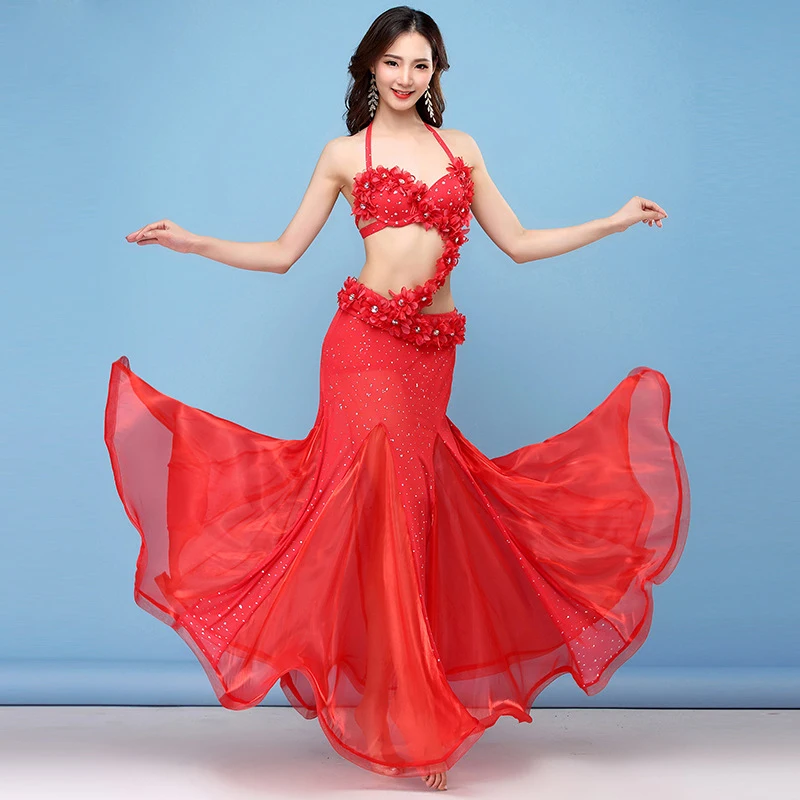 Red Women Dance Wear Oriental Style Flowers Maxi Skirts Sequins Belly Dance Costume 4pcs Set (Bra, Belt, Skirt & Sleeves)