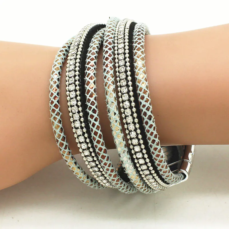 2016 New Fashion Rhinestone Bracelet Wide Magnetic Leather Bracelets & Bangles Multilayer Bracelets Jewelry For Women Men Gift