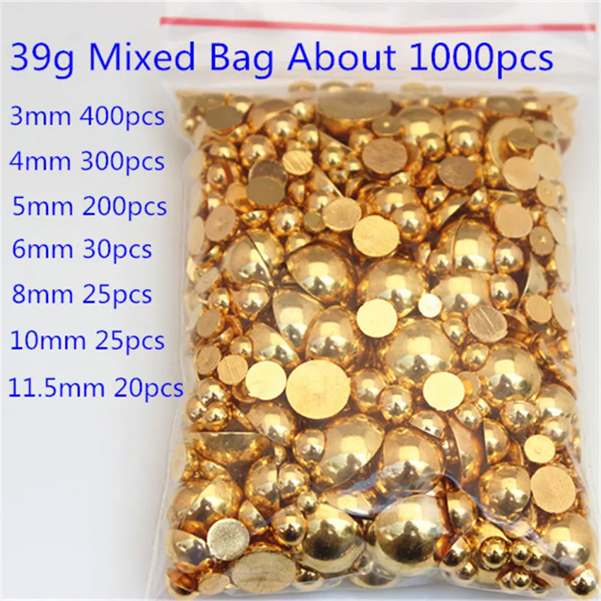 Flatback Half Round Gold Pearl ABS Imitation Pearl Acrylic Rhinestones Scrapbook Beads 3D Non HotFix Nail Art Decoration WC94