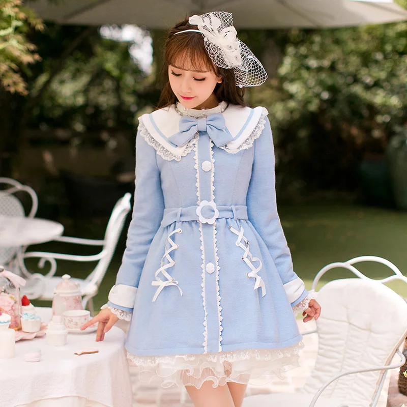 Princess sweet blue woolen coat Candy rain belt Bandage Lace Brow decoration Single breasted Sweet Japanese design C16CD6186