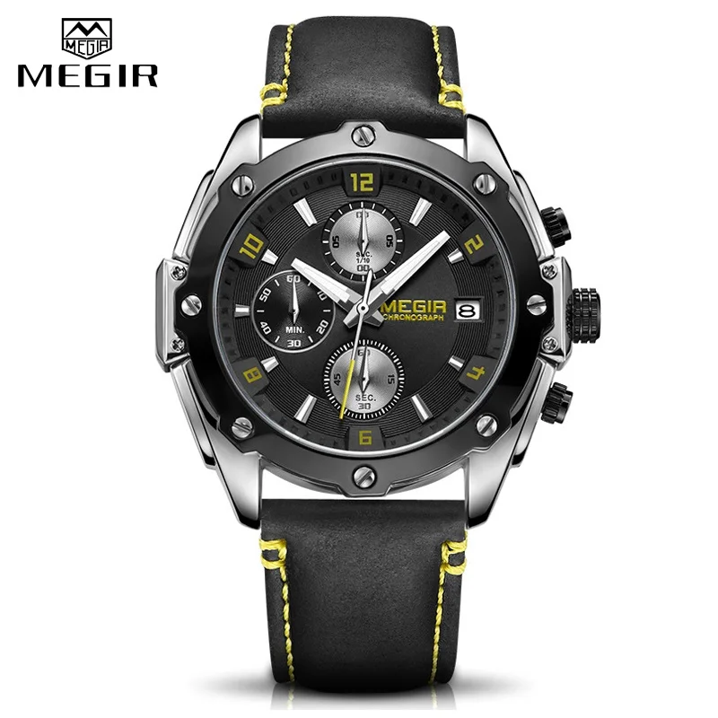 Men's Army Military Wrist Watch MEGIR Men Luxury Blue Watch Leather Sports Watches Mens Business Waterproof Quartz Clock Relogio
