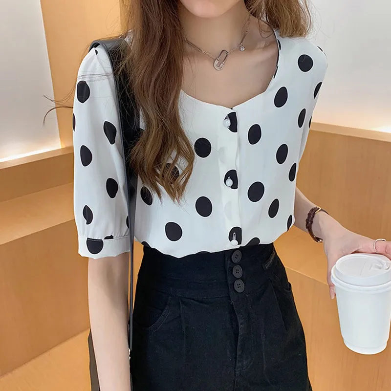 2020 Women Summer Polka Dot Loose Blouses O Neck Short Sleeve Dot Print Button Up Chiffon Blouse