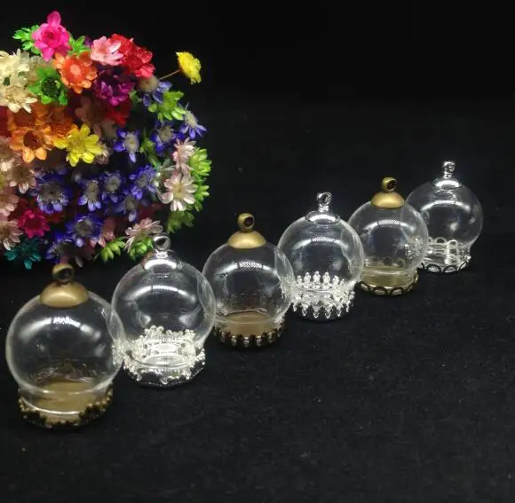 

100pcs 20*15mm glass globe antique bronze/silver mix tray 8mm cap glass vial pendant hollow glass bottle cover dome jar necklace