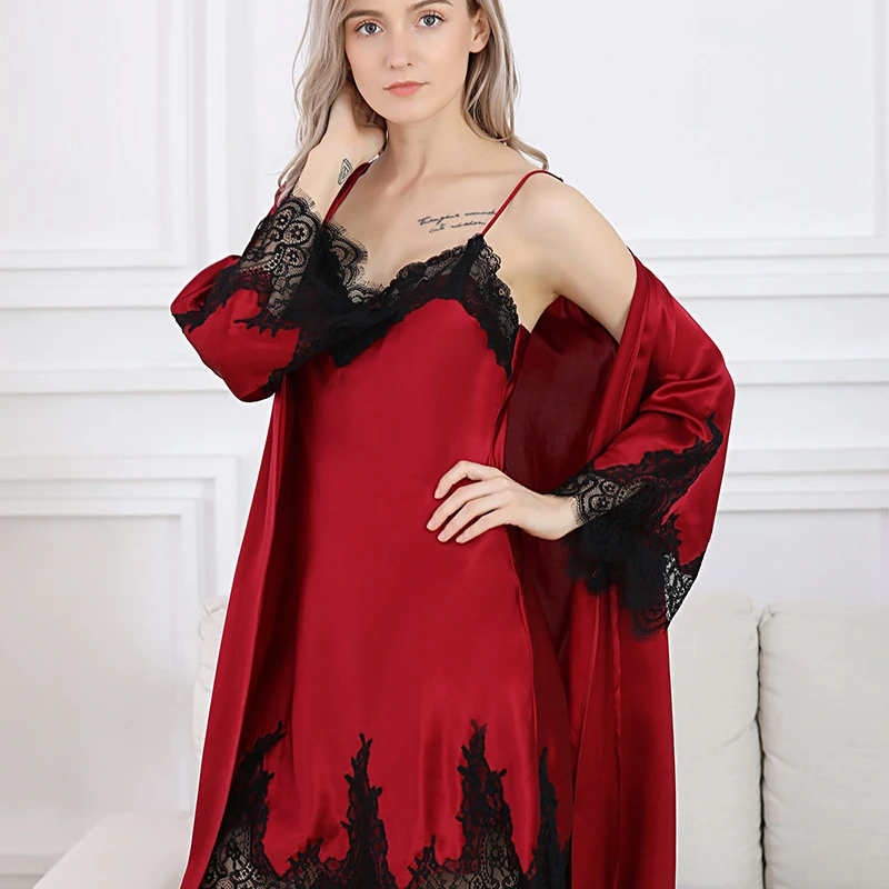 100% Natural Silk Long Women Robe & Gown Sets with Sash Lace Elegant Noble Ladies Bathrobe Robe and Sexy Nightie sp0130