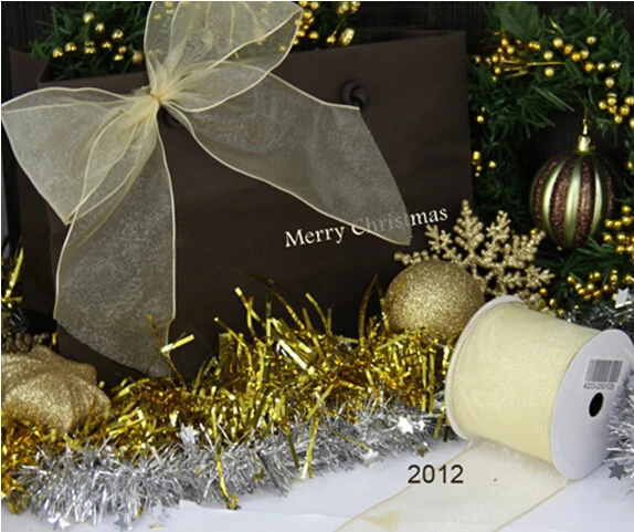 N2012 63MM X 25yards Christmas cream organza ribbon gift packaging wired edge ribbon