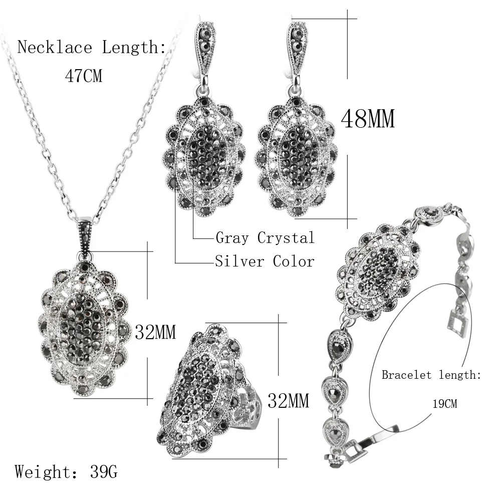 Kinel 4Pcs/Lot Gray Crystal Fashion Jewelry Sets For Women Silver Color Hollow Petals Vintage Wedding Jewelry Set