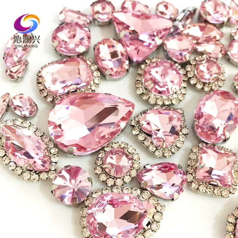 Pink Color Mix Size Crystal Buckle+claw Rhinestone,Silver Base Galss Sew on Stones Diy/Clothing Accessories 50pcs/pack