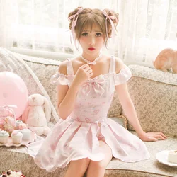 Princess sweet lolita skirt set Candy Rain summer refresh Japanese style cute off shoulder pink tops bow skirt set C16AB6108