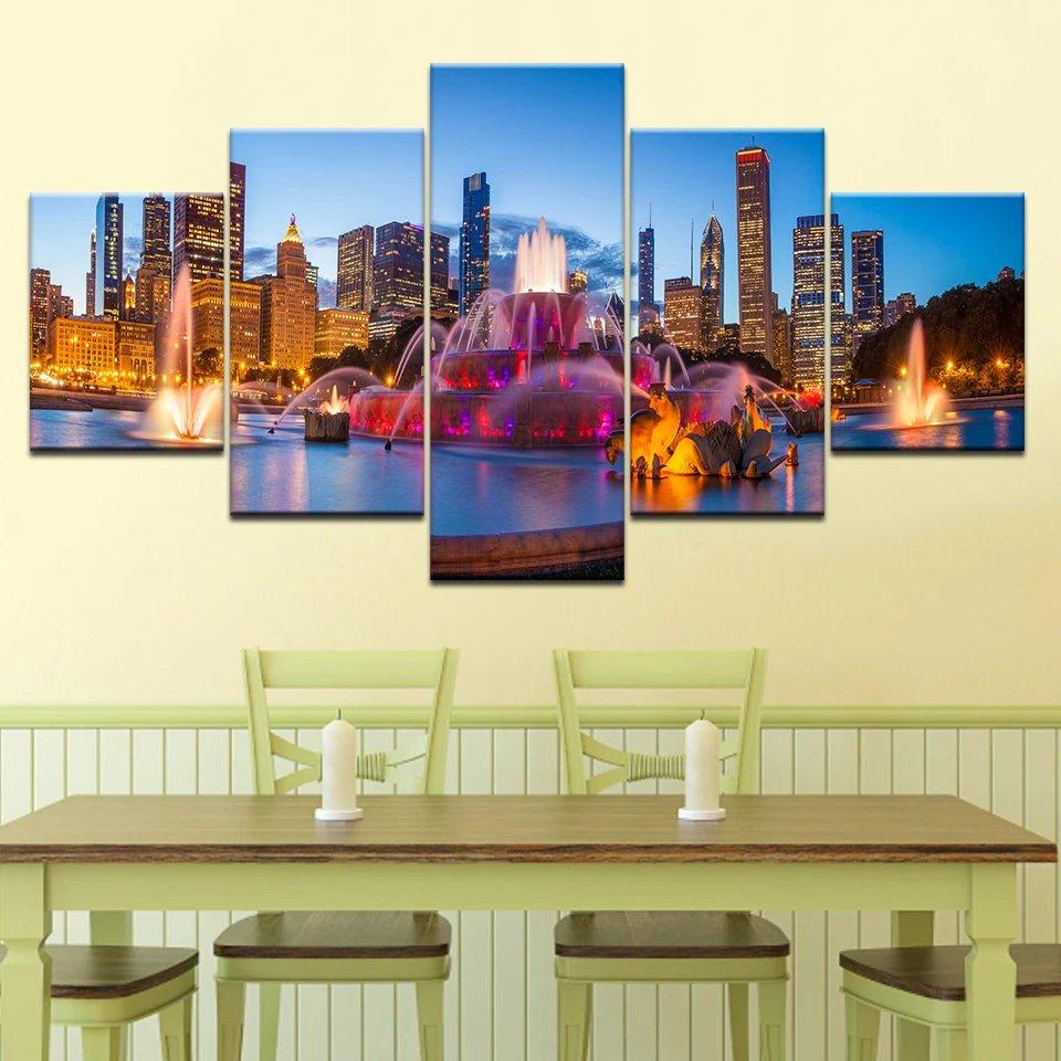 Chicago Buckingham Fountain 5 Panels Wallpapers modern Modular Poster art Canvas painting for Living Room Home Decor