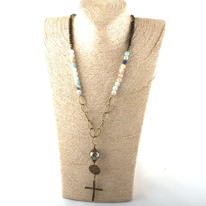 Collar con colgante de Cruz de cristal y piedra Natural para mujer, cadena larga de cristal, joyería de moda, collar étnico