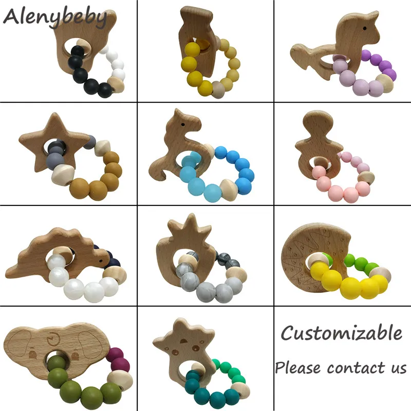 

Infant Silicone Teether Bracelet Food Grade Silicone Beads Wood Animal Teething Bracelets Nursing Toys BPA FREE Baby Nurse Gifts