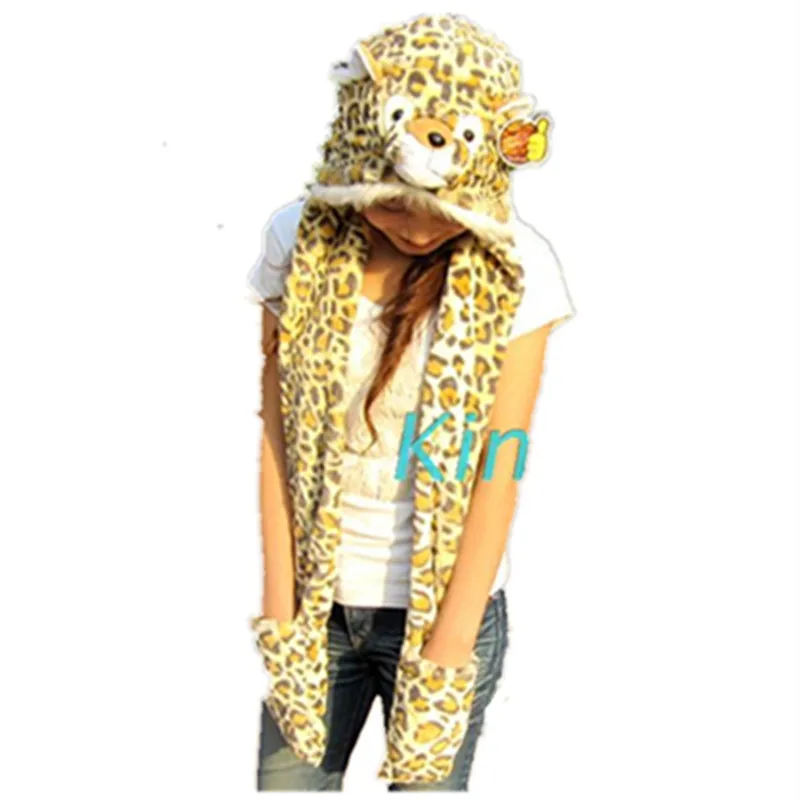 Cartoon Animals Tiger / leopard / cat Plush Warm hat Cap with Long Scarf Gloves Fashion Cute women men Children Soft winter cap