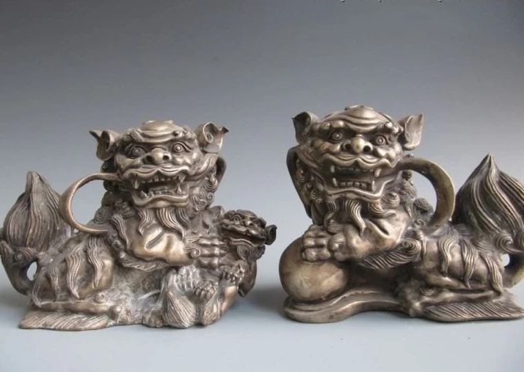 Chinese classical Silver talisman Foo Dog Lion Pair