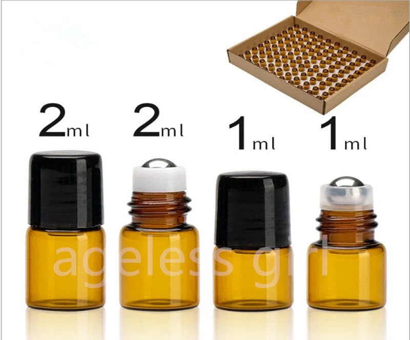 

100PCS 1ML 2ML Mini Portable Glass Roller Essential Oil Bottles Travel Refillable Bottle Transparent Brown small sample bottles