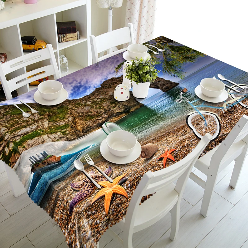 3D Tablecloth Beachfront Beach Landscape Pattern Polyester Dustproof Rectangle Table Cloth Christmas New Year Gift
