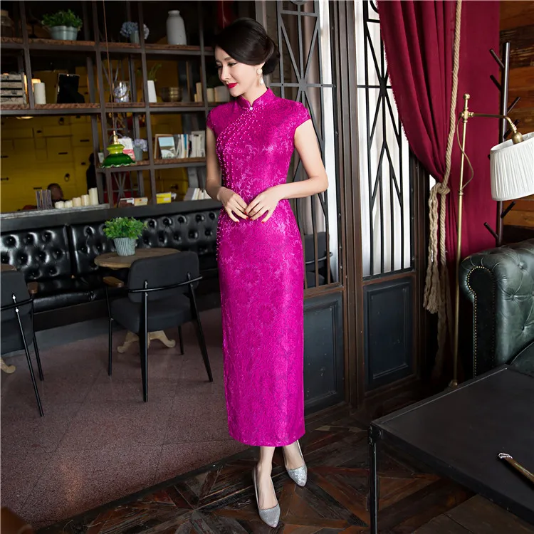 New Arrival Fashion Lace Long Cheongsam Hot Pink Chinese Women's Dress Elegant Qipao Vestidos Size S M L XL XXL XXXL 27591A