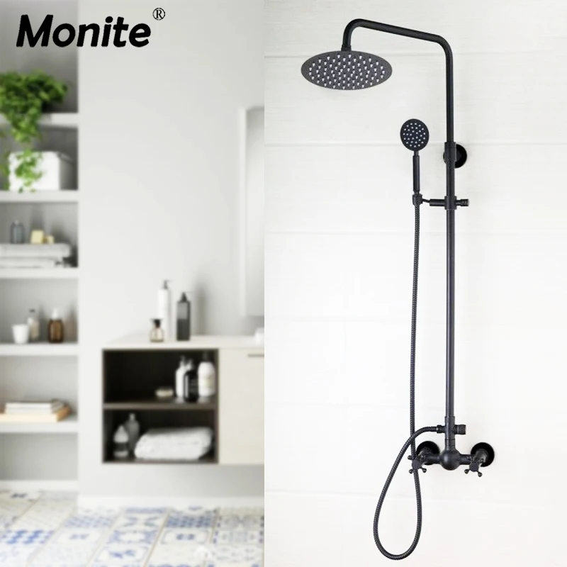 Monite 8 Inch Black Paint Wall Mount Rainfall Round Head Spray 2 Functions Adjustable Hand Bathroom Shower Faucet Mixer Tap Set