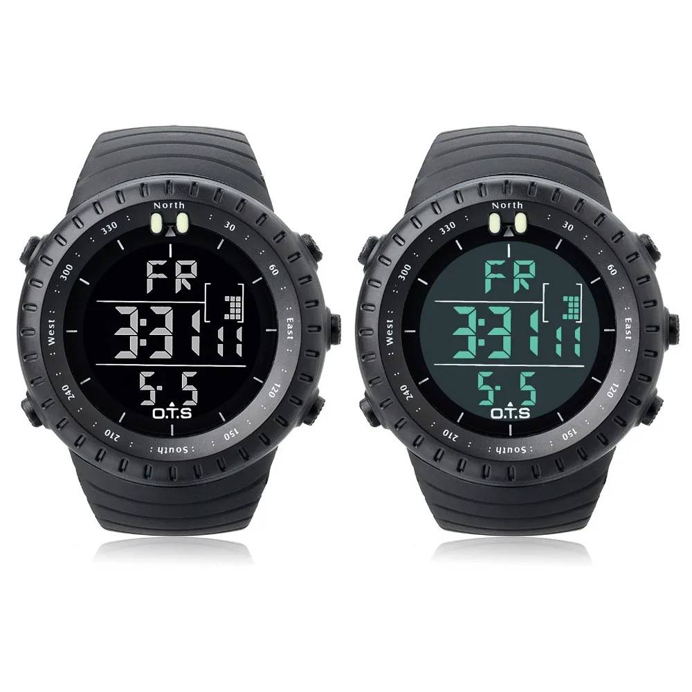 Ots Digitale Horloge Mannen Sport Horloges 50M Waterdichte Grote Wijzerplaat Klok Led Outdoor Militaire Lichtgevende Horloges