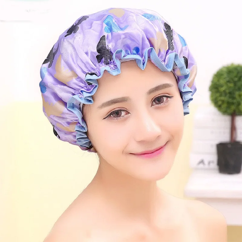 Butterfly Women Shower Cap Waterproof Shower Hair Cap Double Layer Bathing Cap Hat Randomly Color Bathroom Accessories