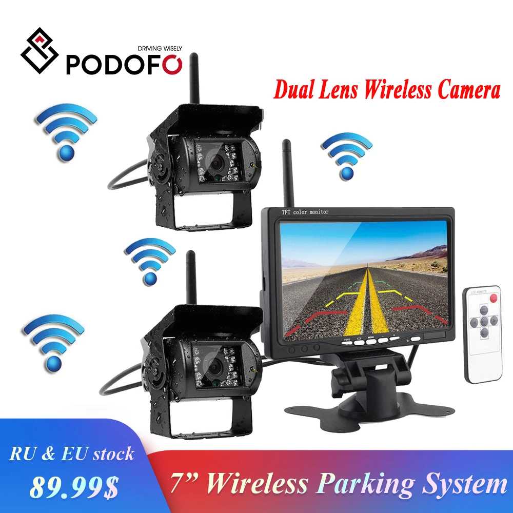 

Podofo Wireless Dual Backup Car Rearview Camera Parking Assistance System Waterproof IR Night Vision 7" Monitor for RV Truck Bus