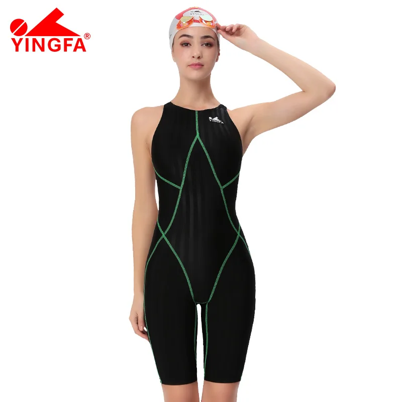 Yingfa FINA Approved Competition Waterproof Chlorine Resistant Women One Piece Swimwear Knee Length  Swimsuit Bodysuit Girl