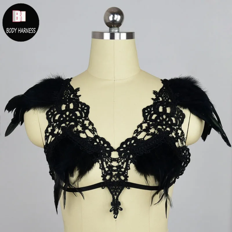 

Feather Epaulette Body Cage Bralette Rave Lace crop Tops Harness Bondage Shoulder Wings Fetish Erotic Sexy Sexy Body Harness