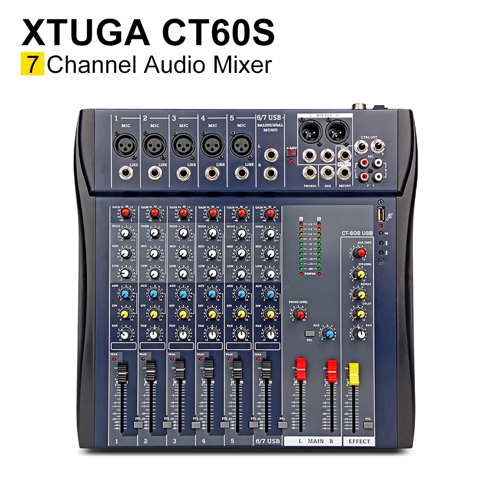Xtuga-consola mezcladora de Audio CT60S-USB, 7 CANALES, micrófono, línea de Audio, USB, entrada XLR, 3 bandas, EQ, 48V, alimentación fantasma con adaptador de corriente