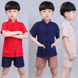 2019 Baby Boy Kungfu Clothes Sets Chinese Style Children Tee Shirt Short Pant Tang Suit Linen Breathable Boys Jersey Sport Suit