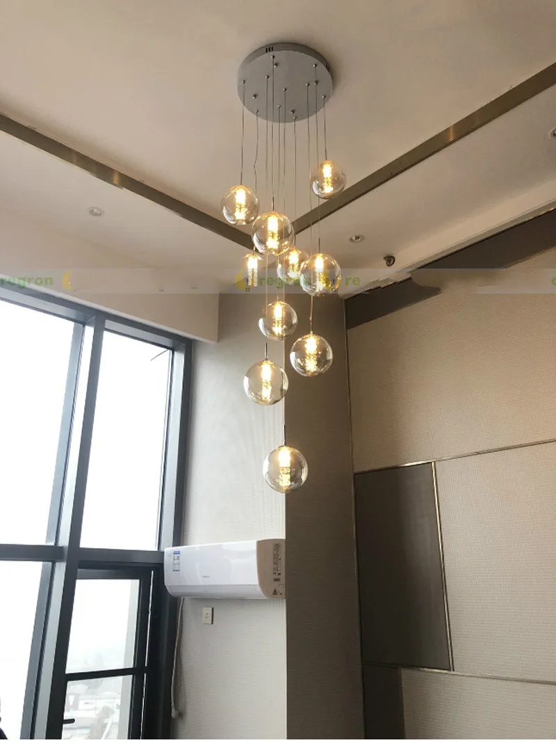 Decoração da sala de estar lustres preto fumaça bola vidro lâmpada escada lustre para villa g4 led luz da escada decoração do hotel luminárias pendentes de iluminação luminaria  lustres para sala de jantar lustre