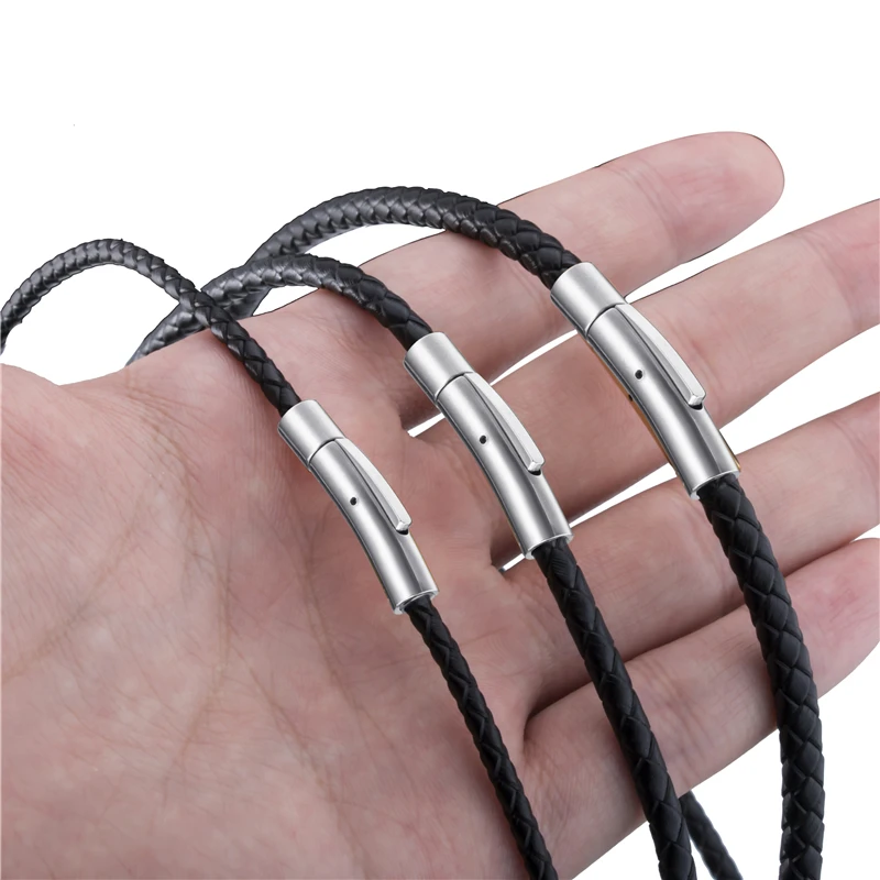 3/4/5mm Black Leather Necklaces for Men Women Cord Silver Stainless Steel Magnetic Clasp Braided Genuine Choker