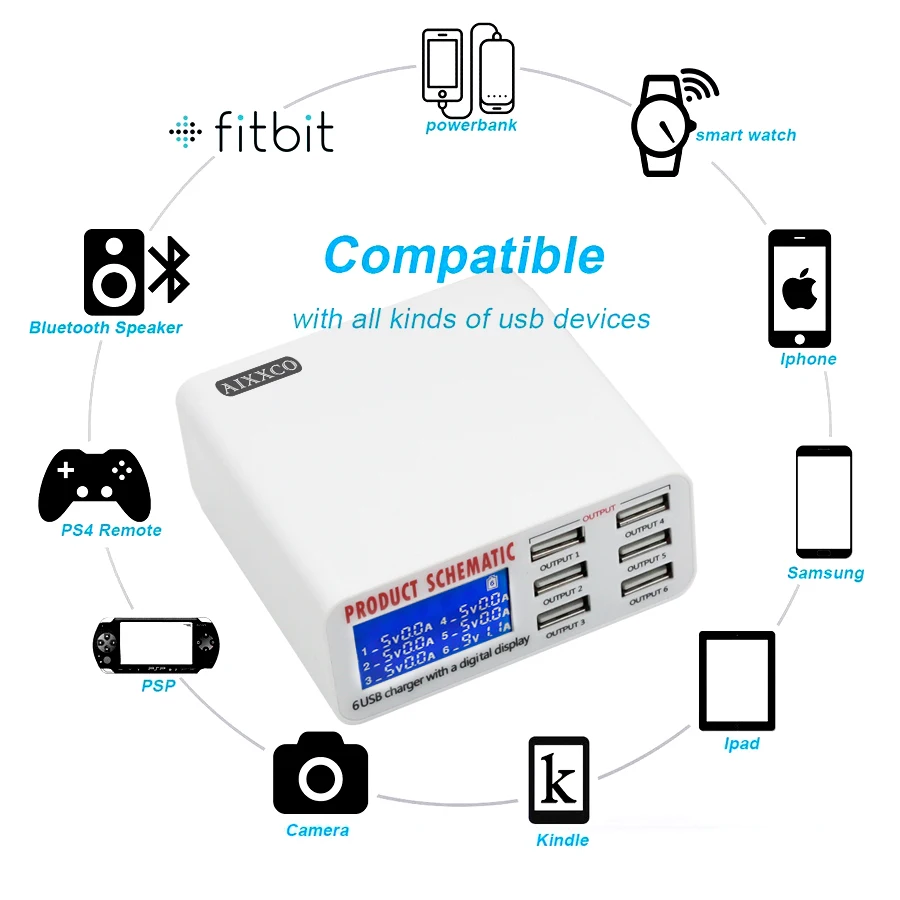 AIXXCO 6A with LCD Digital Display 6 Port USB Charger Fast Smart Charging Station for iPhone Xiaomi Huawei Samsung Tablet