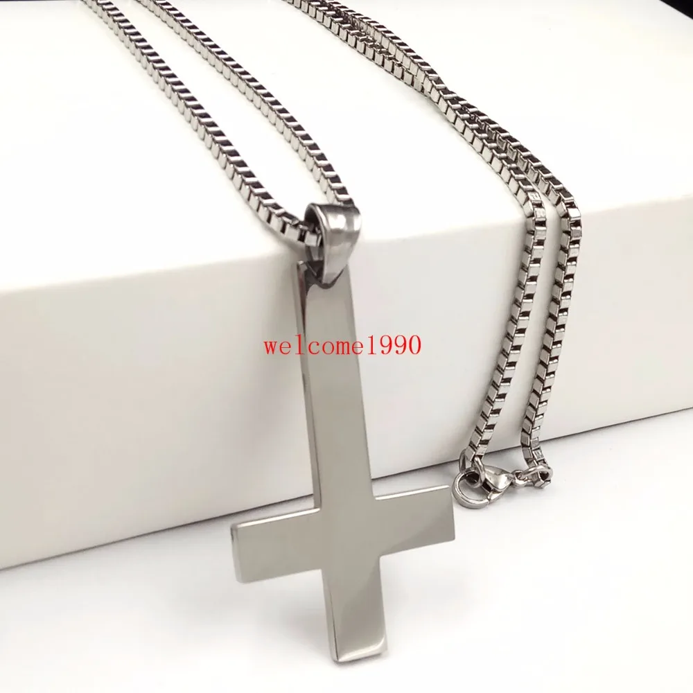 Polished St Peter's Inverted Cross Pendant Necklace for Men Stainless Steel Choker Crux de Sanctus Petrus 24''