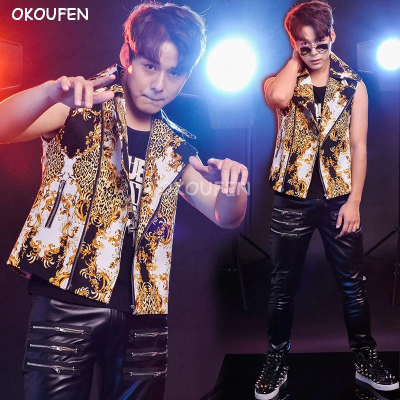 

Man Fashion Leopard Print Vest Stage Jazz dance outwear Costumes nightclub bar Male Singer Personality performance costume