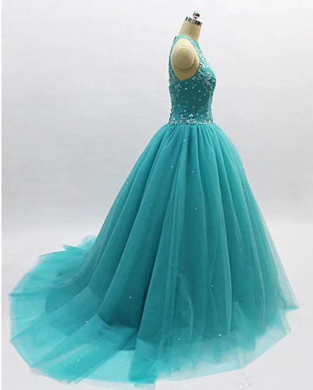 Real Photo 2019 Sheer Hals Baljurk Tulle Hollow Terug Met Rits Avondjurken Sparkly Crystal Sexy Quinceanera Prom Dresses