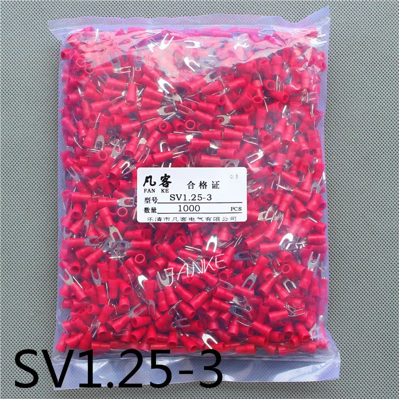 1000pcs SV1.25-3 Pre insulated cold pressed terminals Furcate Y/U shape wire crimp terminals Brass for AWG22-16 Thickness 0.5MM