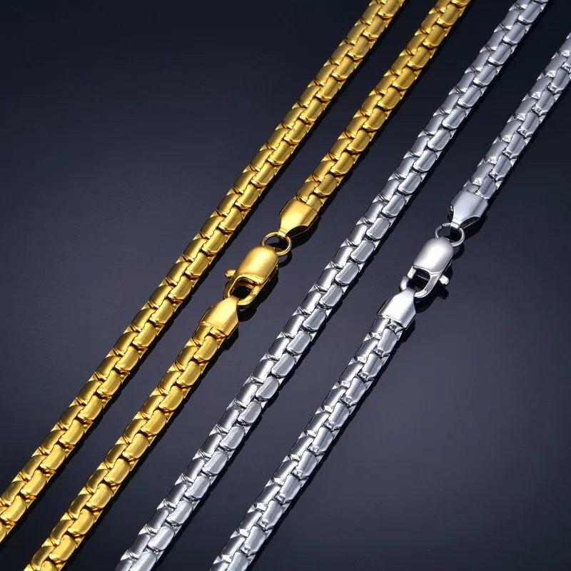 Dropshipping Hip Hop Chain 6mm Gold Color Stainless Steel Necklace Male Wholesale Flat Box Link Womens Mens Chain 20\