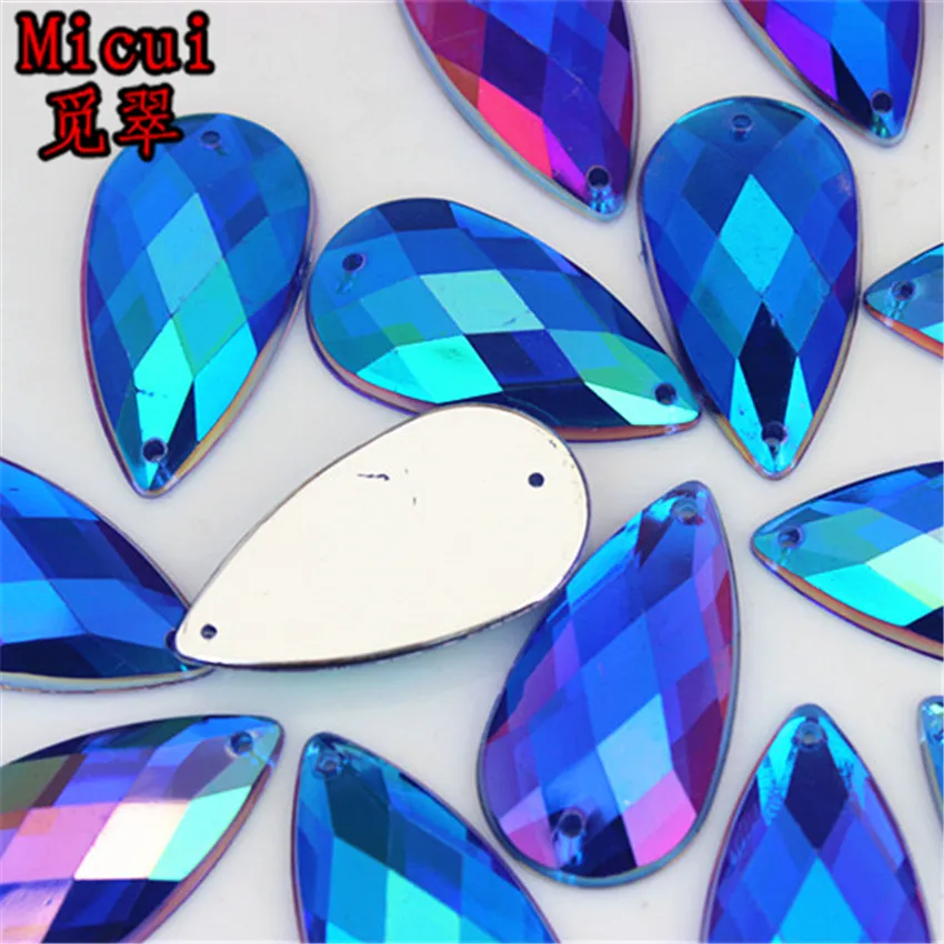 Micui 30PCS 16*30mm Drop Shape AB  Acrylic Rhinestone Sew On Flat Back Fancy Crystal Stones For Clothing Dress Decorations ZZ421