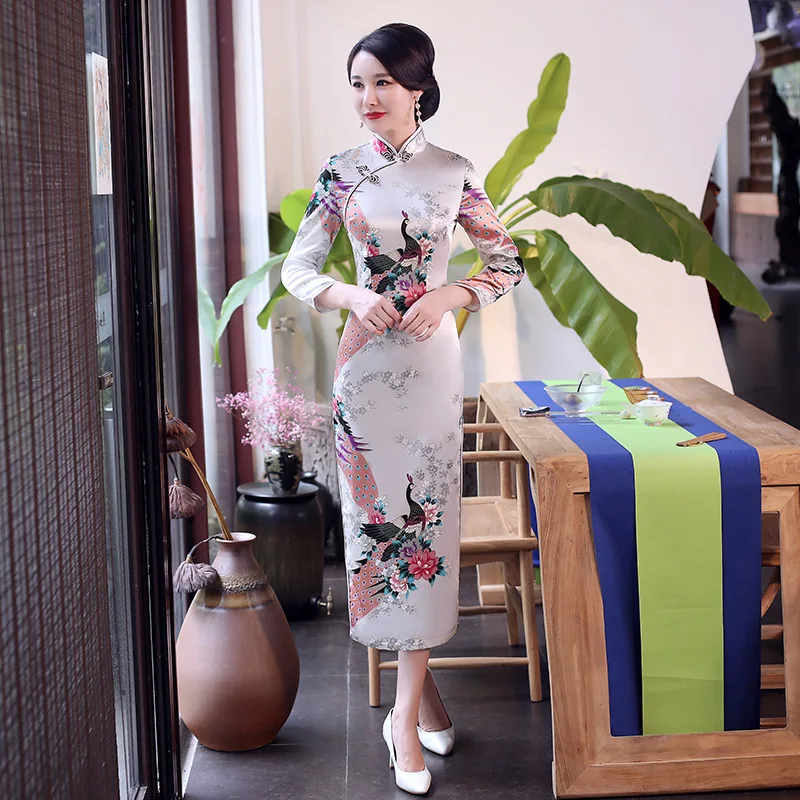 Chinese National Spring Cheongsam Long Dress Peacock Floral Vintage Silk Long Sleeve Dresses