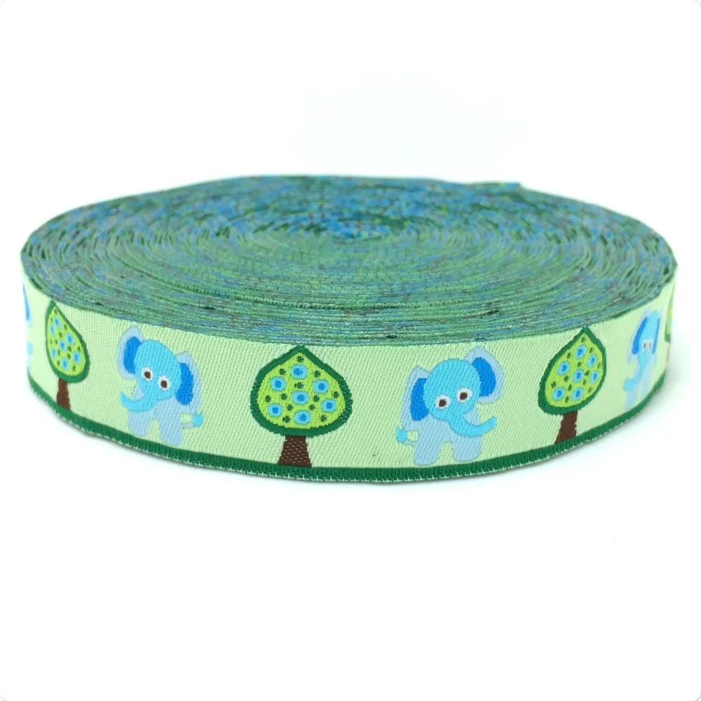 2014 NEW wholesale 5/8 '(16 mmx10yards) 100% Polyester Woven Jacquard Ribbon blue elephants and trees