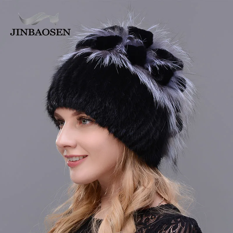 

JINBAOSEN Fur Woman Winter Real Mink Fur Hat Wool Ski Rabbit Natural Fox Knit Hat Warm Ear Protection Travel Hat