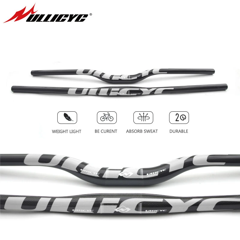 Kierownica rowerowa Ullicyc Full Carbon MTB 3K Gloss Silver 580-740mm Flat/Rise, lekka, ulepszona do rowerów górskich i hulajnóg elektrycznych