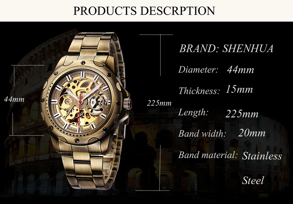 SHENHUA Bronzo Meccanico di Scheletro Della Vigilanza Degli Uomini Automatici Orologio Sport Luxury Top Brand Orologio Inossidabile Dell\'annata