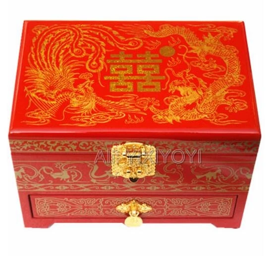 

Chinese 3 Layer Wood Dragon Phoenix Painting Jewelry Box with Mirror Charm Wedding Storage Jewellery Box Container Carrying Case