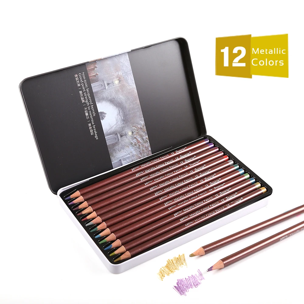 

Superior 12Colors Metallic Colored Pencil Non-toxic Wood Colour Pencil Set For Artist's Professional Drawing Write Art Supplies