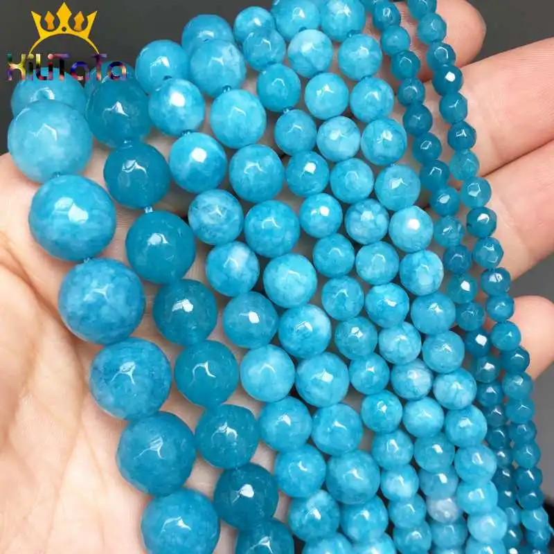 Natural Stone Beads Faceted Blue Chalcedony Stone Beads For Jewelry Making DIY Bracelets Necklace Accessories 15\'\' 4/6/8/10/12mm