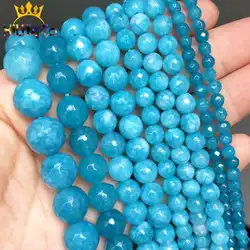 Natural Stone Beads Faceted Blue Chalcedony Stone Beads For Jewelry Making DIY Bracelets Necklace Accessories 15'' 4/6/8/10/12mm