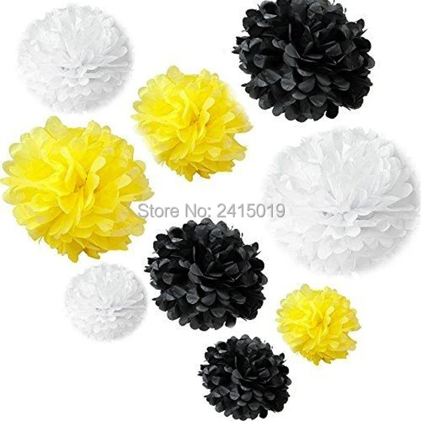 

24xNew mixed sizes yellow black white tissue paper bunting pom poms wedding party wall hanging decorative banner garland