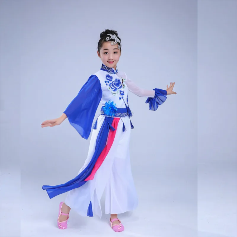 Trajes para crianças hanfu, roupa de dança, porcelana azul e branca, yangge, roupas nacionais, performance de palco